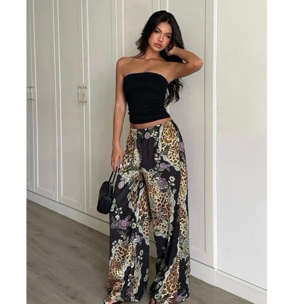 Satin Leopard Floral Wide Leg Flowy Pants M Brown Boho High Fashion Designer